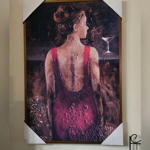 Elegant Woman in Red Dress Framed Canvas Wall Art